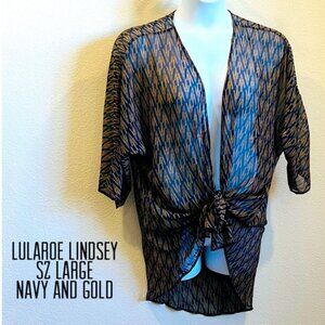 LuLaRoe women navy gold pattern short kimono short sleeve open front Sz Large